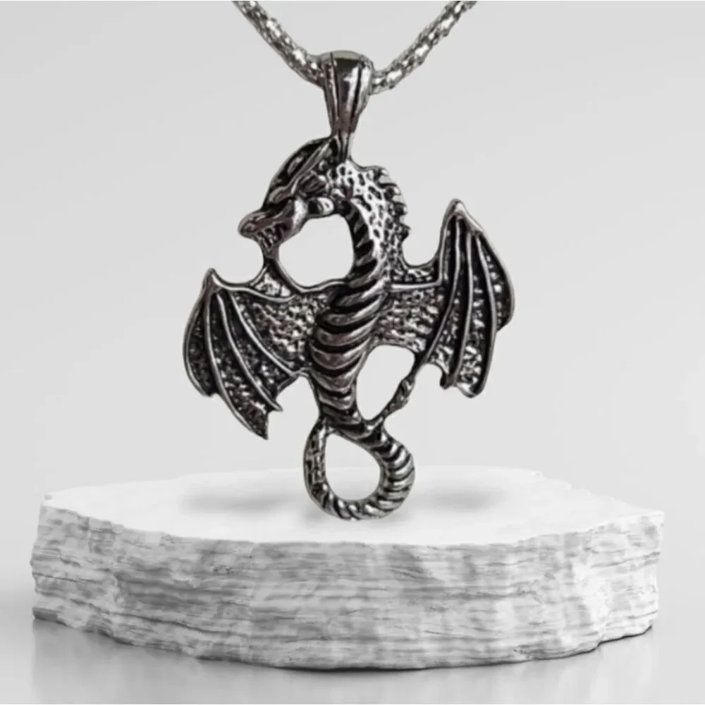 Dragon Necklace Antique Silver Flying Dragon Pendant Viking Fantasy Gothic 23